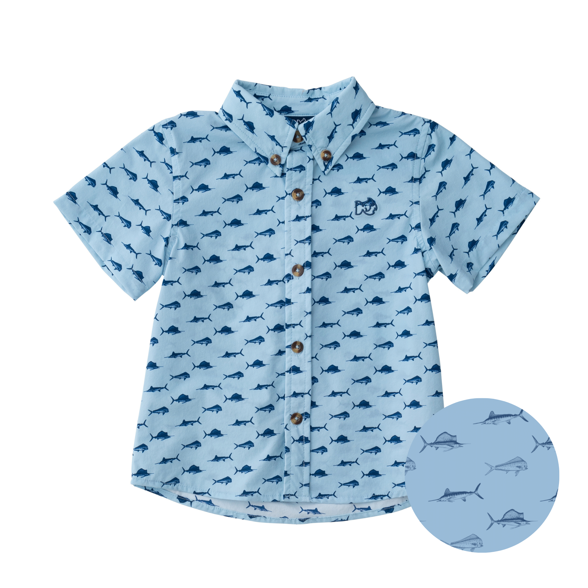 blue boys short-sleeve button-up shirts with fish print