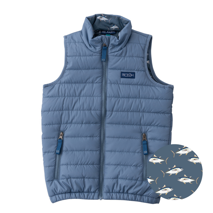 Kid s Puffer Vest Color Blue Printed Tuna Fish Liner Bluefin M10 12