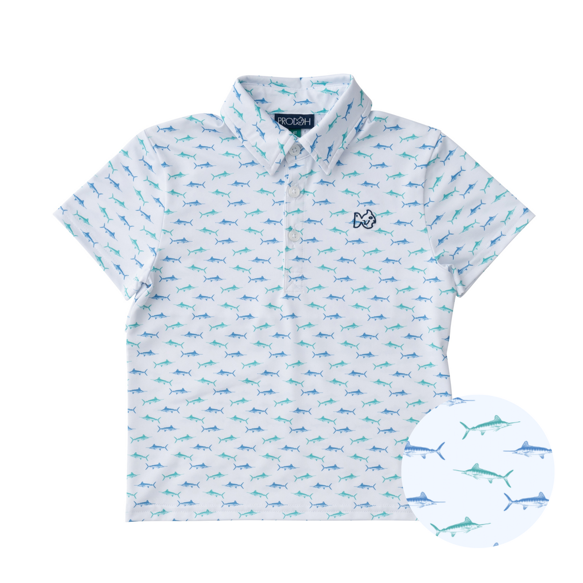 Boys Short Sleeve Pro Performance Polo in Fish Print on White