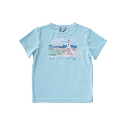 kids short-sleeve performance fishing tees with lighthouse art