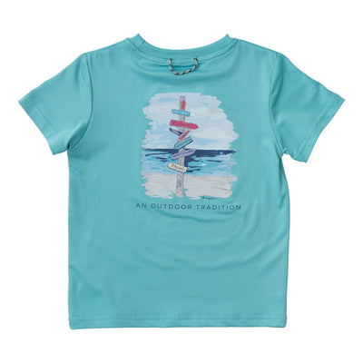 kids performance fishing tees with beach sign art