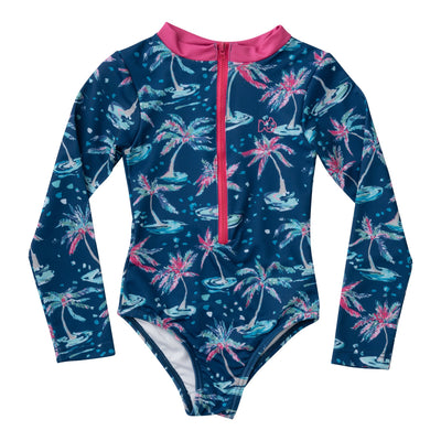 girls one piece swimwear in Dark Blue Palm Tree Print