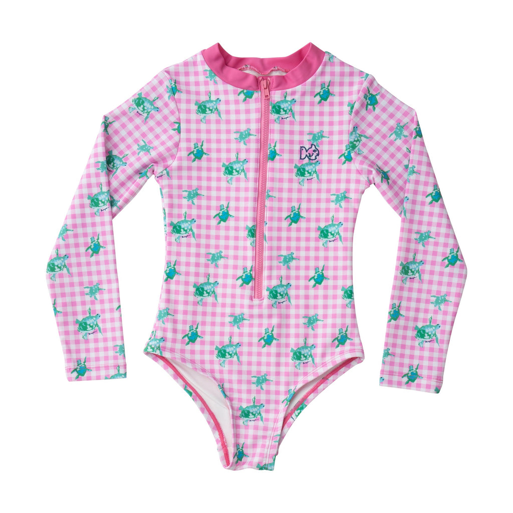Girls' One Piece Swimsuit - Fuchsia Pink & Gingham Turtles