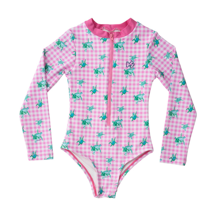 Girls' One Piece Swimsuit - Fuchsia Pink & Gingham Turtles