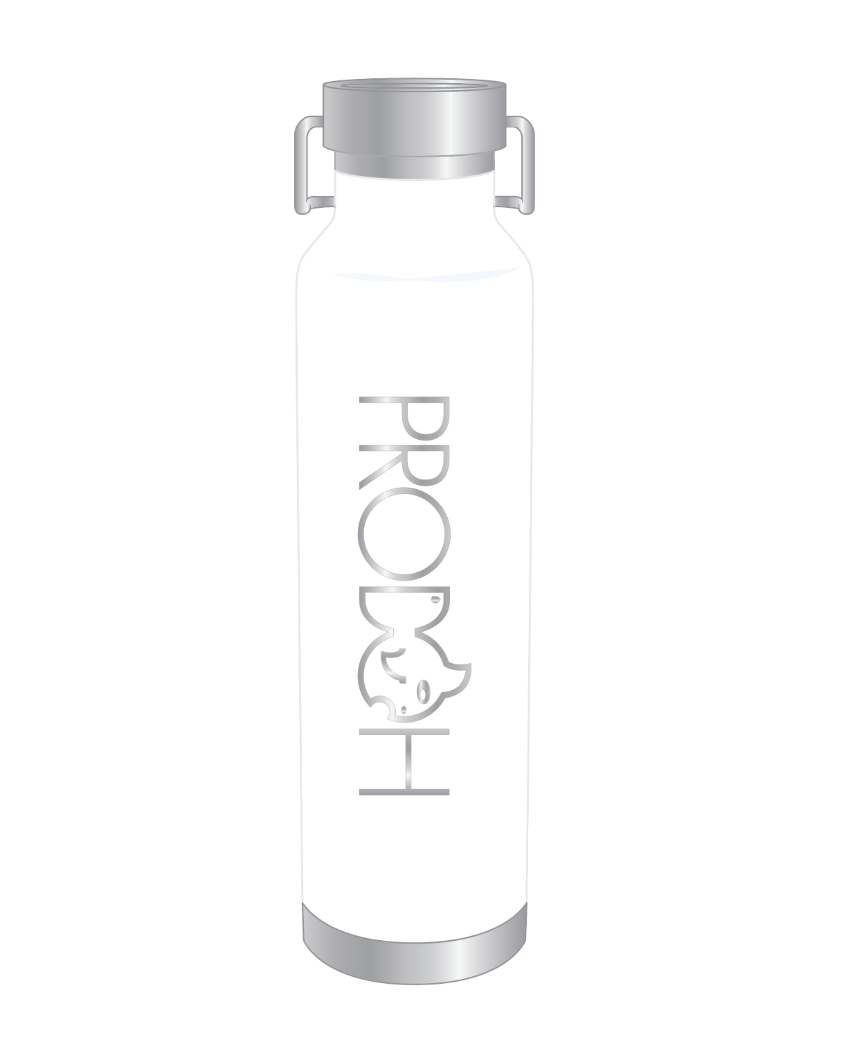 prodoh branded white stainless steel leakproof water bottle.