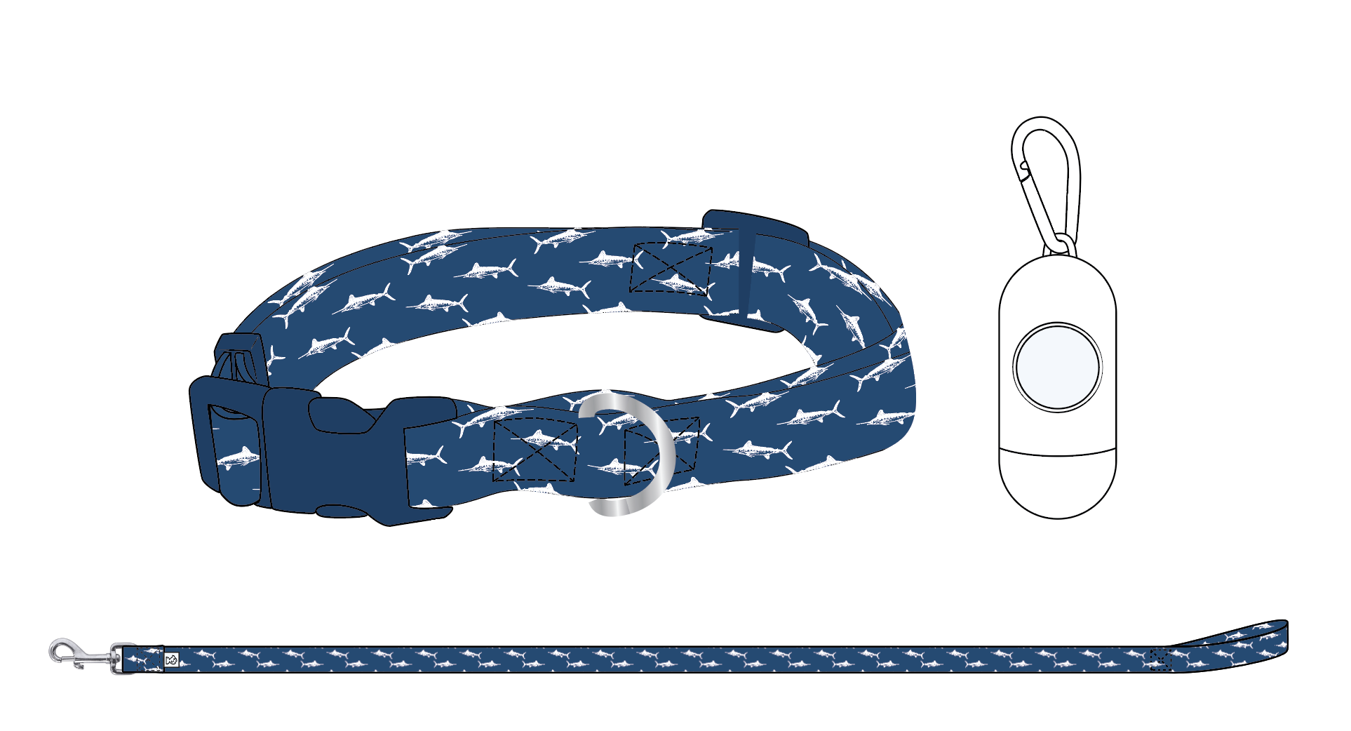 Navy blue dog collar and leash with white fish pattern, accompanied by a white poop bag with leash clip
