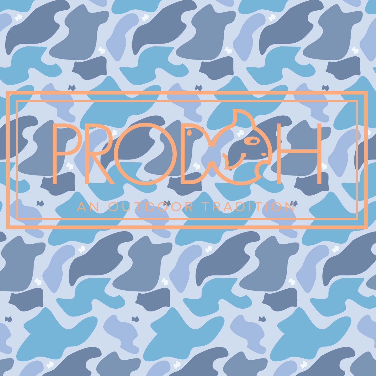 Blue camouflage pattern with 'PRODOH' logo and text on a blue background
