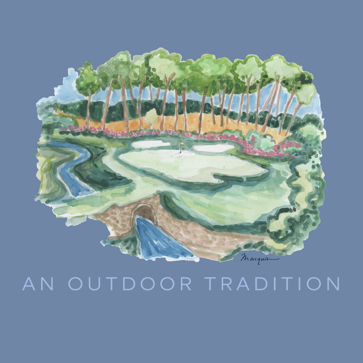 Artistic illustration of a golf course with trees and water on a blue background, featuring the text 'An Outdoor Tradition'.