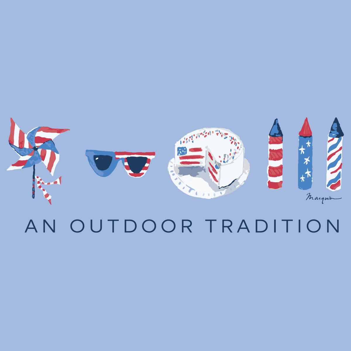 patriotic illustrations of a pinwheel, sunglasses, cake, and candles on a blue background with text 'An Outdoor Tradition'.