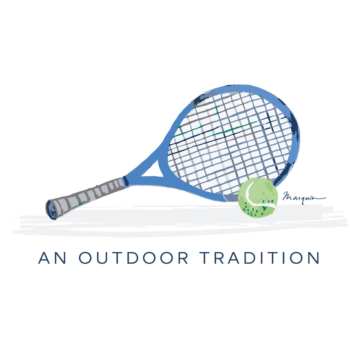 Blue tennis racket art closeup with a green ball on a white background