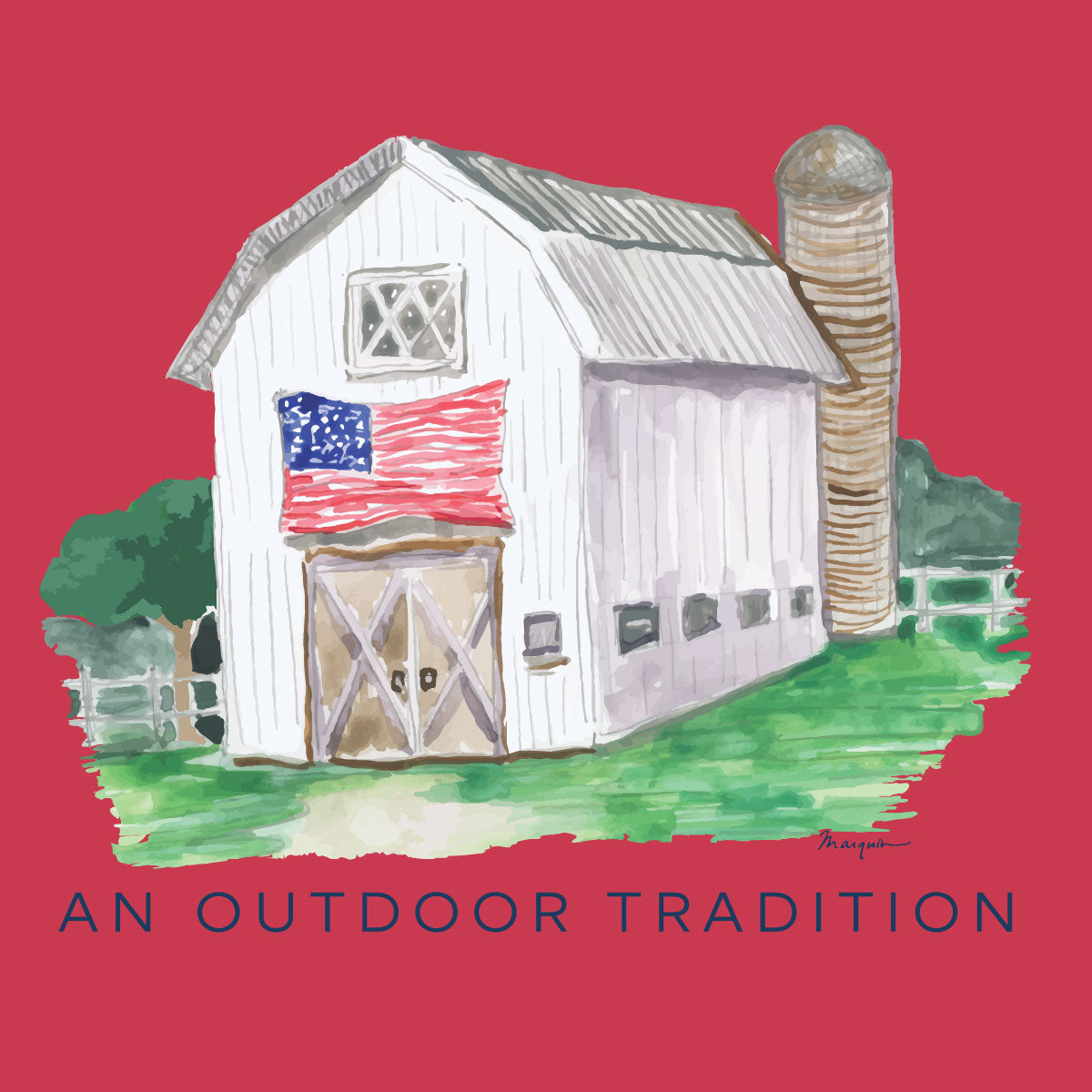 Illustration of a white barn with an American flag on a red background, labeled 'An Outdoor Tradition'.