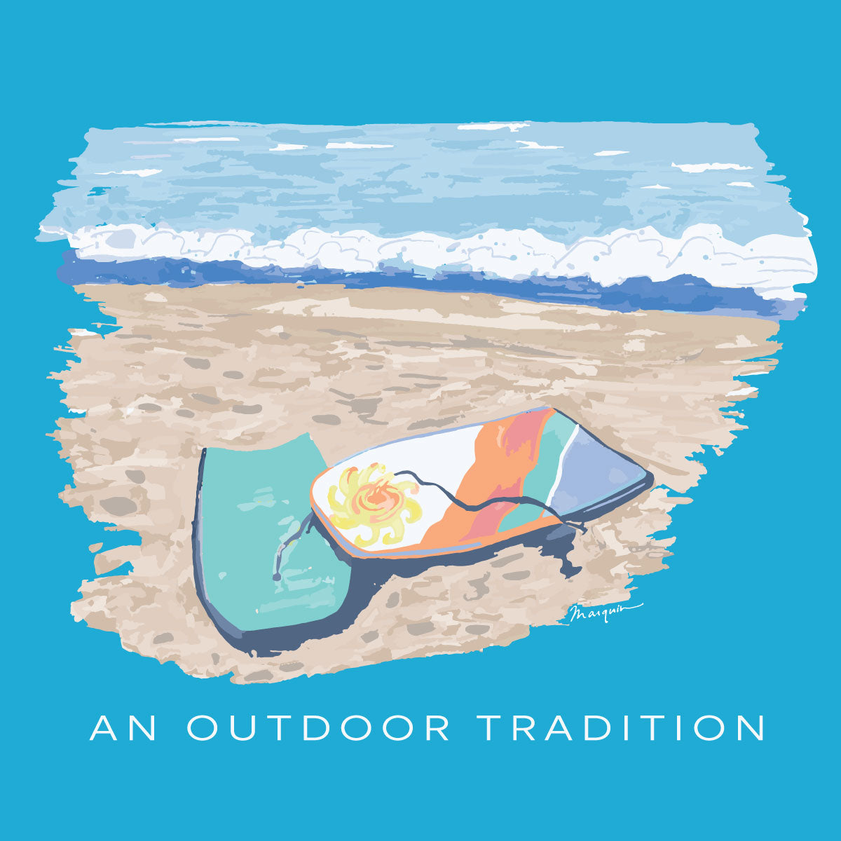Illustration of a colorful bottle of sunscreen on sand with ocean and sky background, text 'An Outdoor Tradition'.