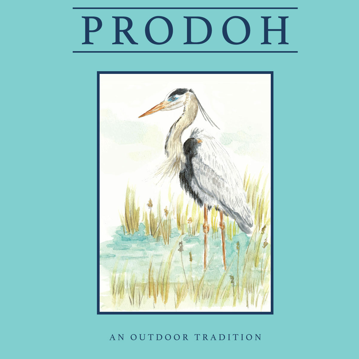 back of shirt blue heron illustration and 'PRODOH' branding on a teal background