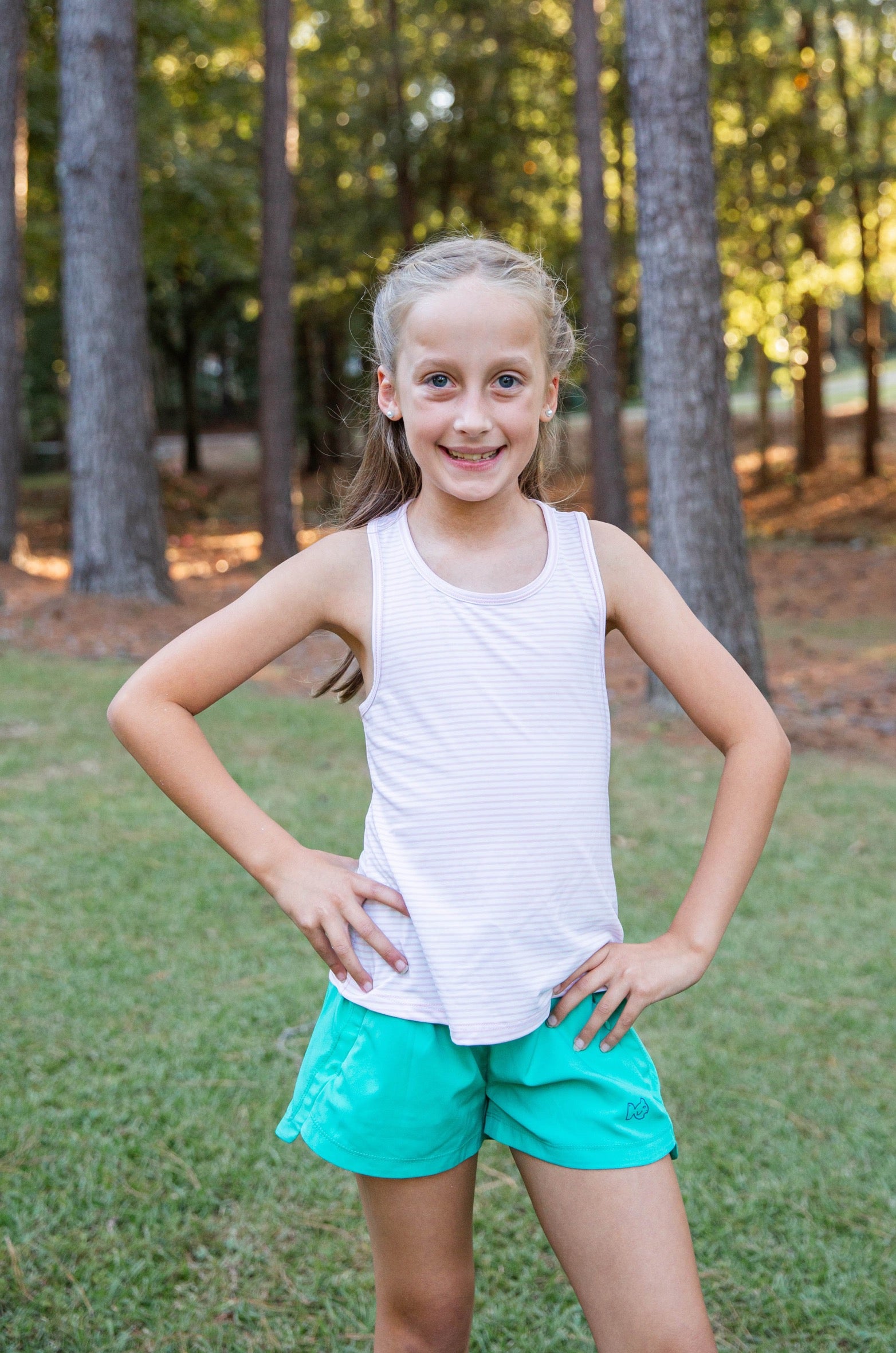 girls over bathing-suit shorts in green