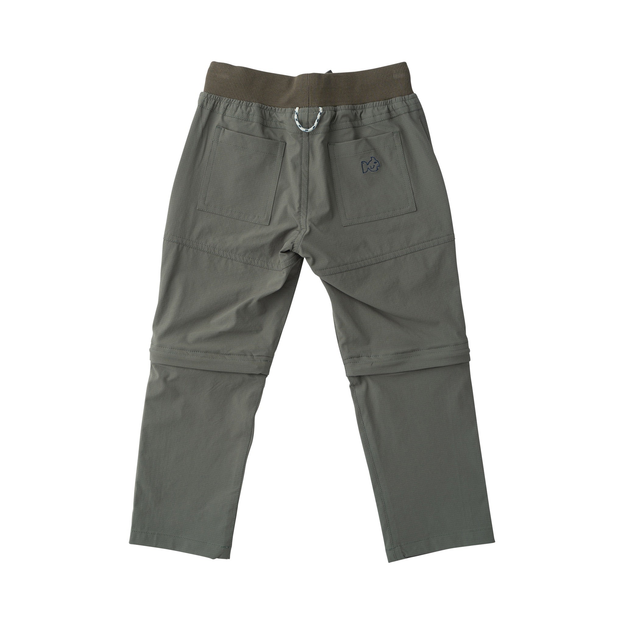 back view of boys zip off cargo pant in fly fishing green