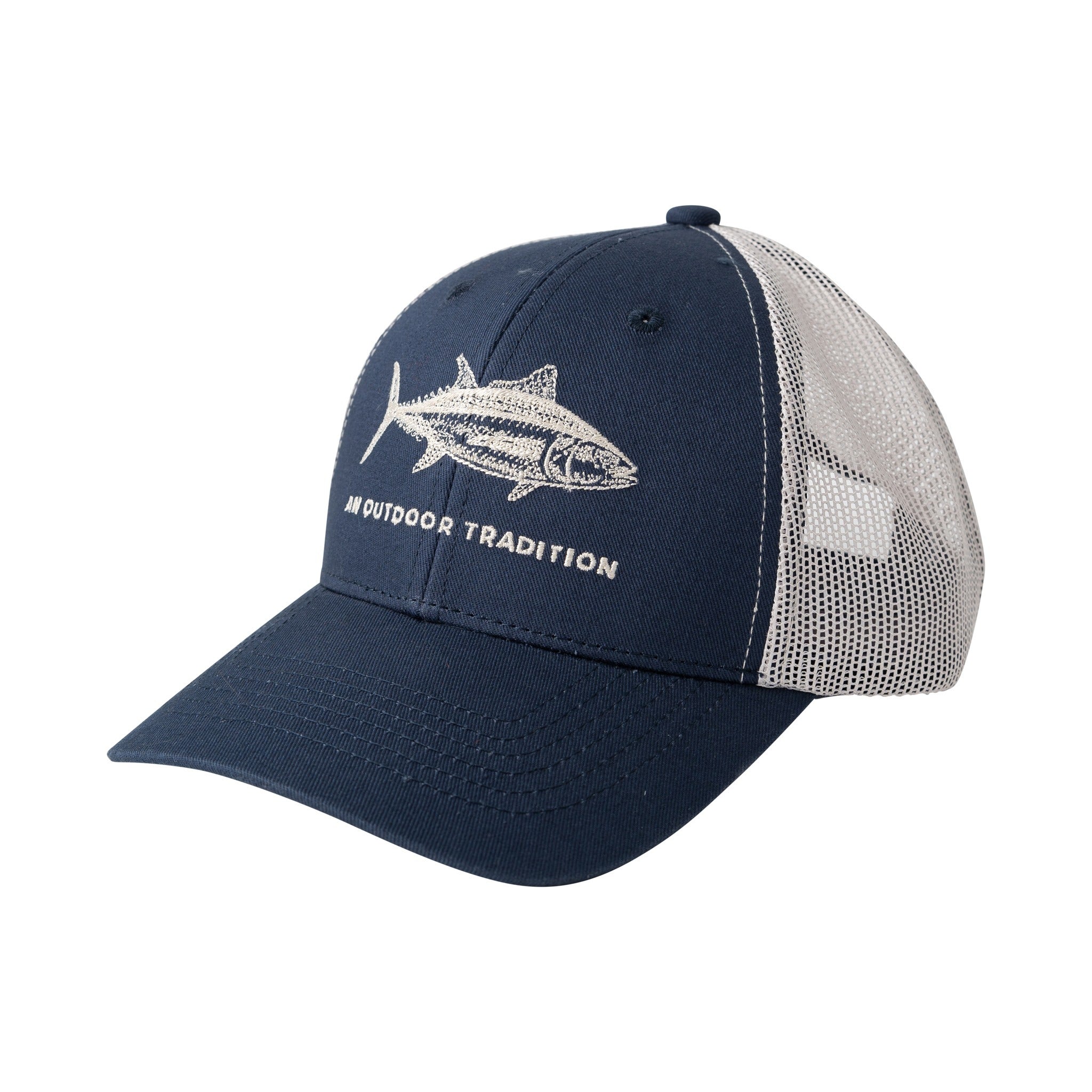 kids dark denim blue trucker hat with tuna fish artwork