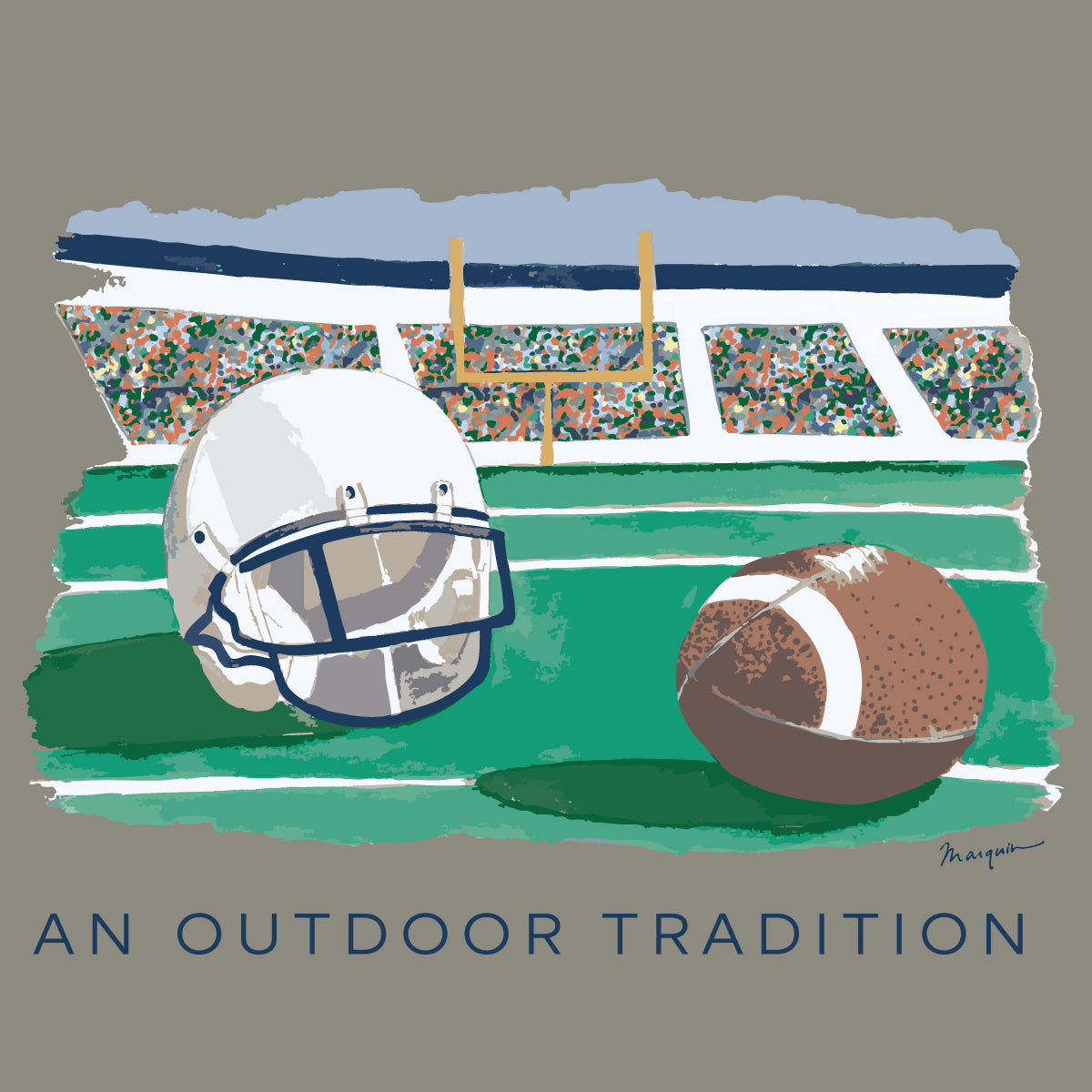 An illustrated football scene with a white helmet and a brown football on a green field, with a stadium in the background and the text 'AN OUTDOOR TRADITION' at the bottom.