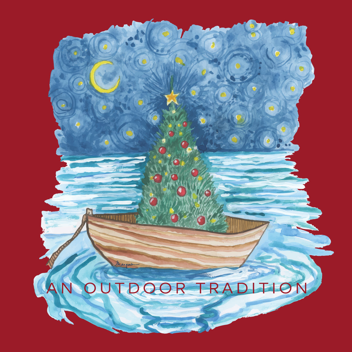 hand painted graphic print featuring a whimsical illustration of a Christmas tree in a wooden boat on blue water under a starry night sky, set against a solid red background with the text 'AN OUTDOOR TRADITION' at the bottom.