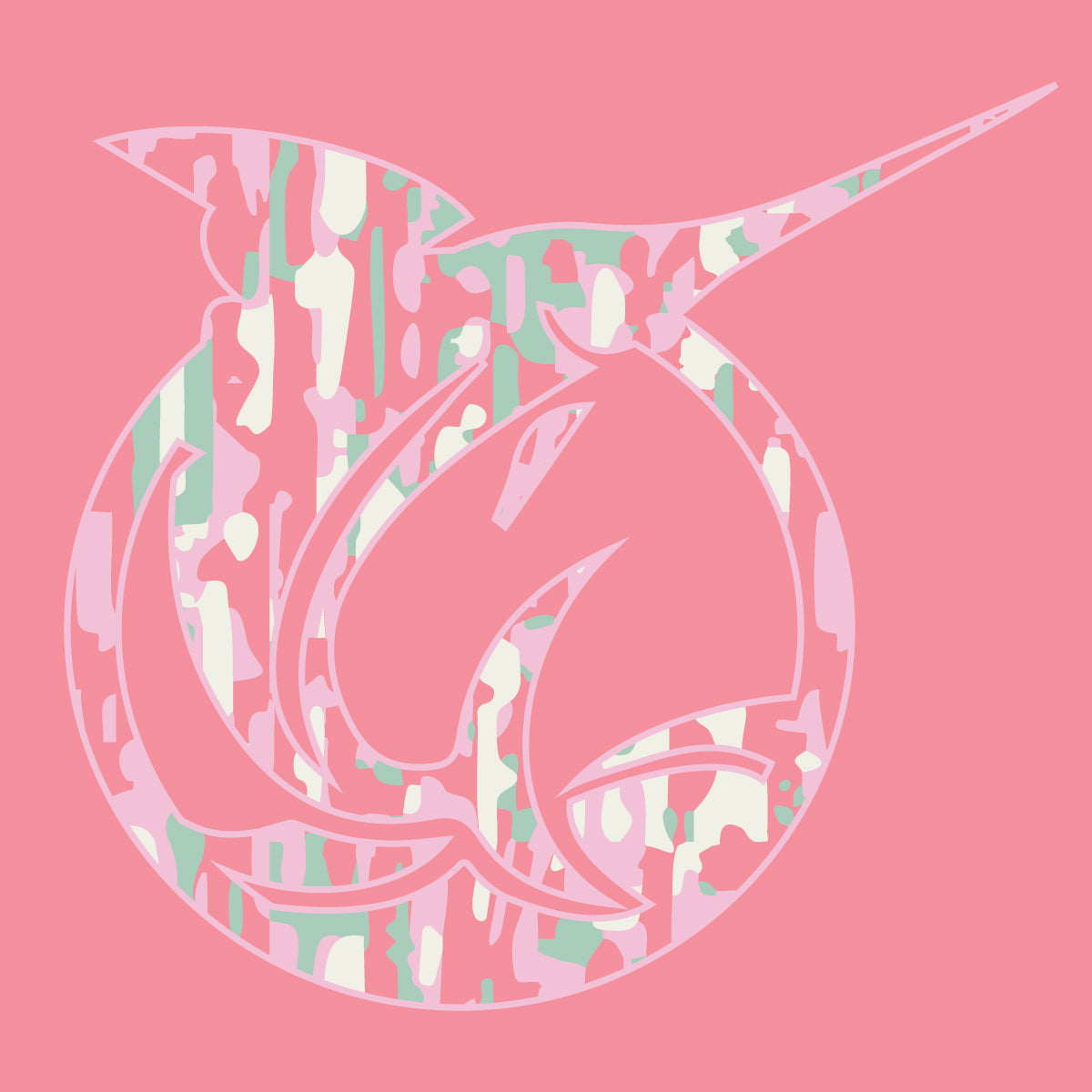 A stylized marlin graphic in a circular emblem shape, filled with a pink, white, and mint green abstract pattern, on a solid pink t-shirt for girls