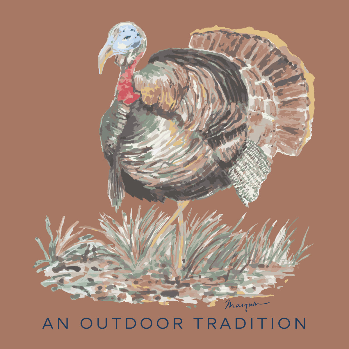 An illustrated turkey standing on grass against a warm brown background, with the text 'AN OUTDOOR TRADITION' at the bottom.