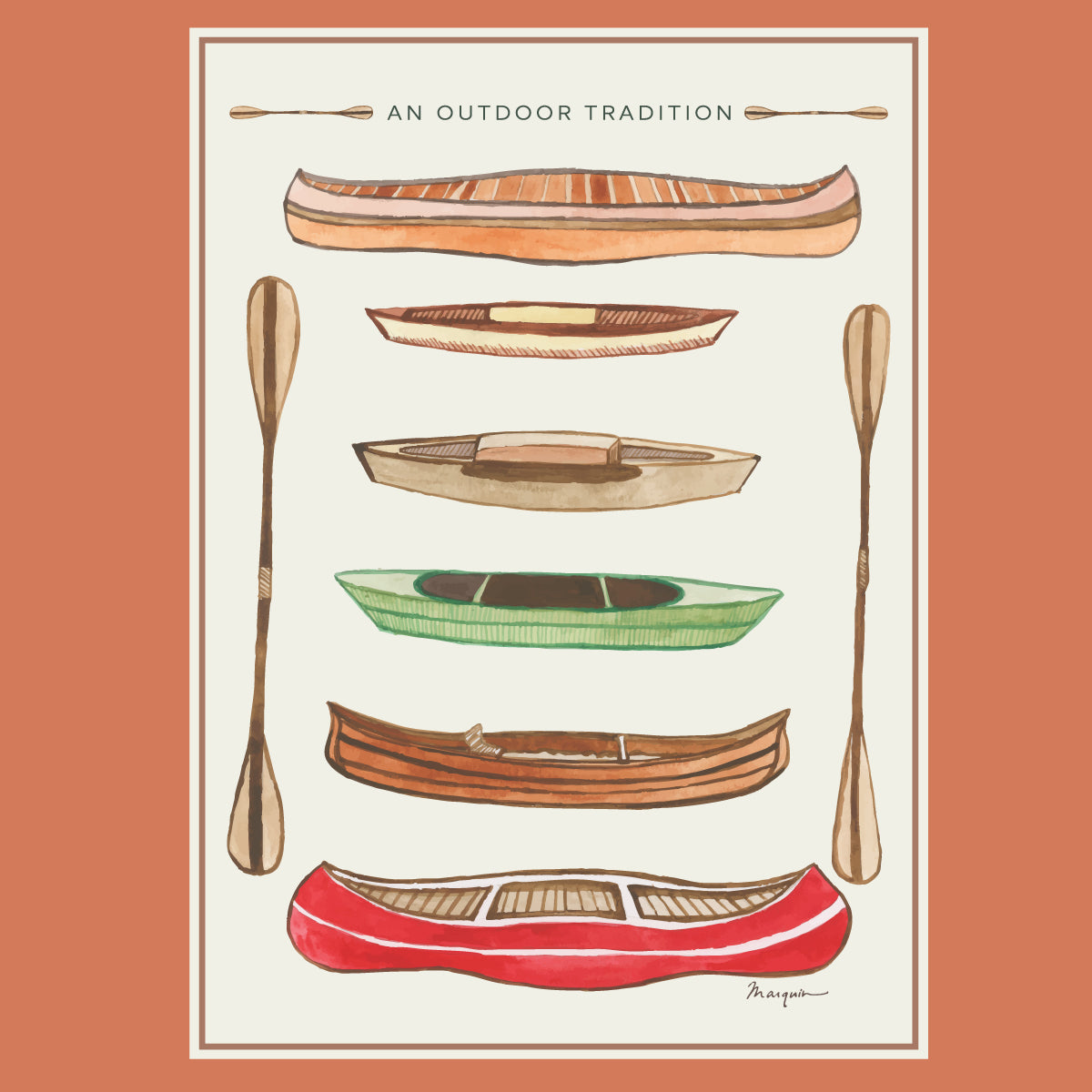 An art print featuring a vertical sequence of hand-drawn wooden canoes in various colors (red, green, brown, beige) with two paddles on either side, set against a warm terracotta background.