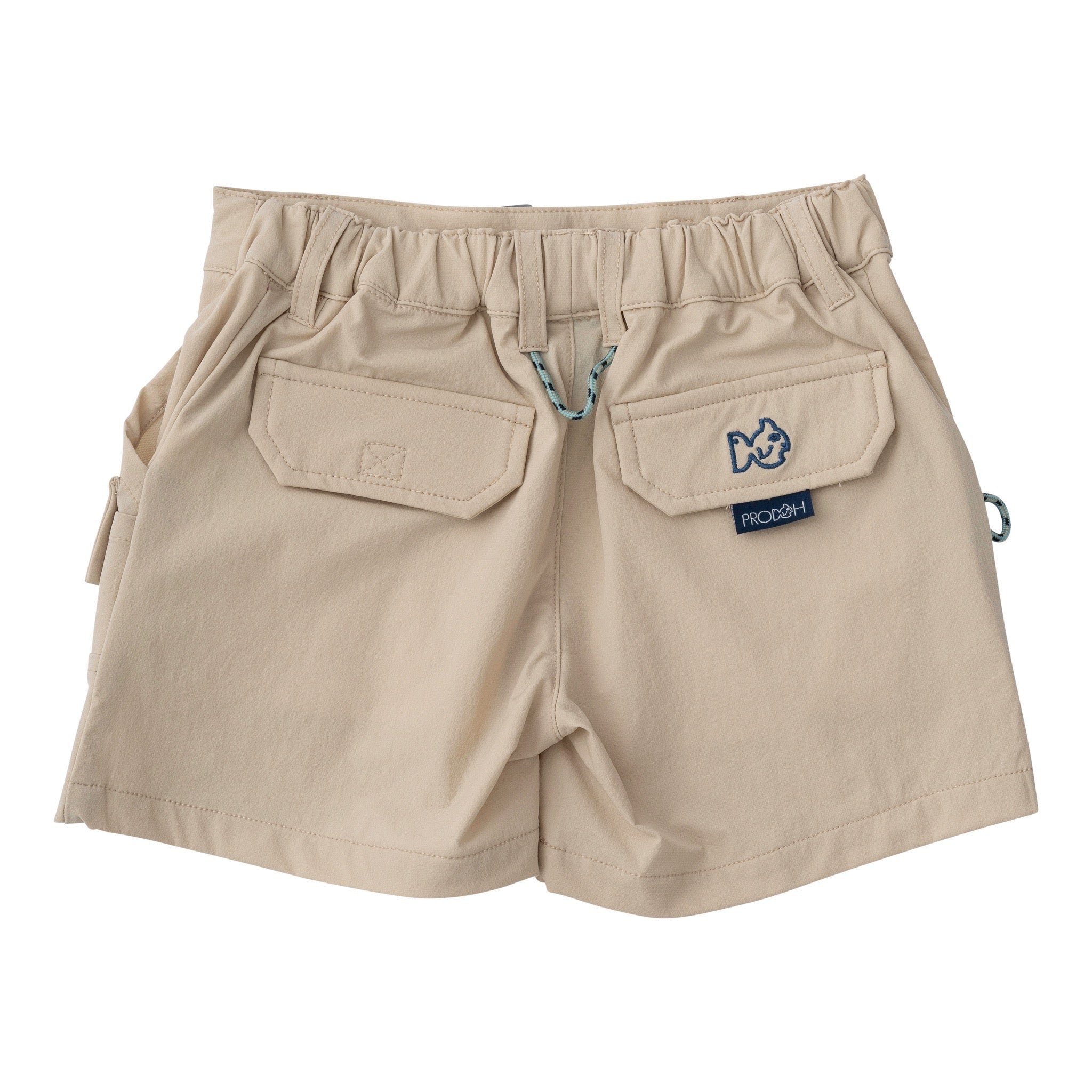 khaki quick-dry shorts with two pockets and a fish logo