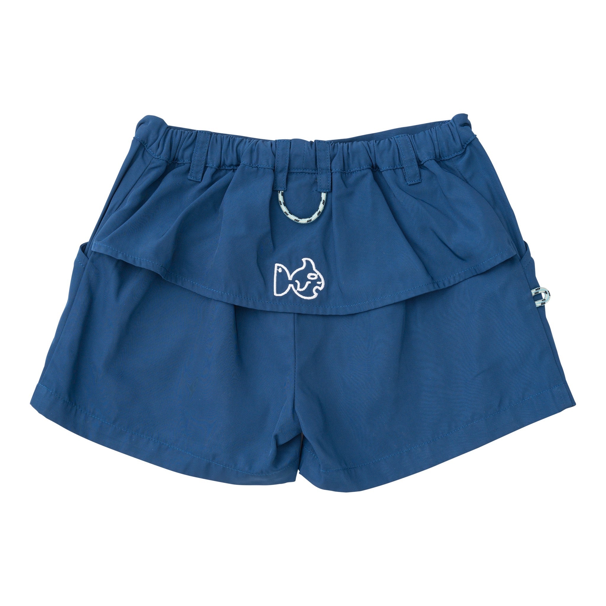 boys blue shorts with a small white fish logo