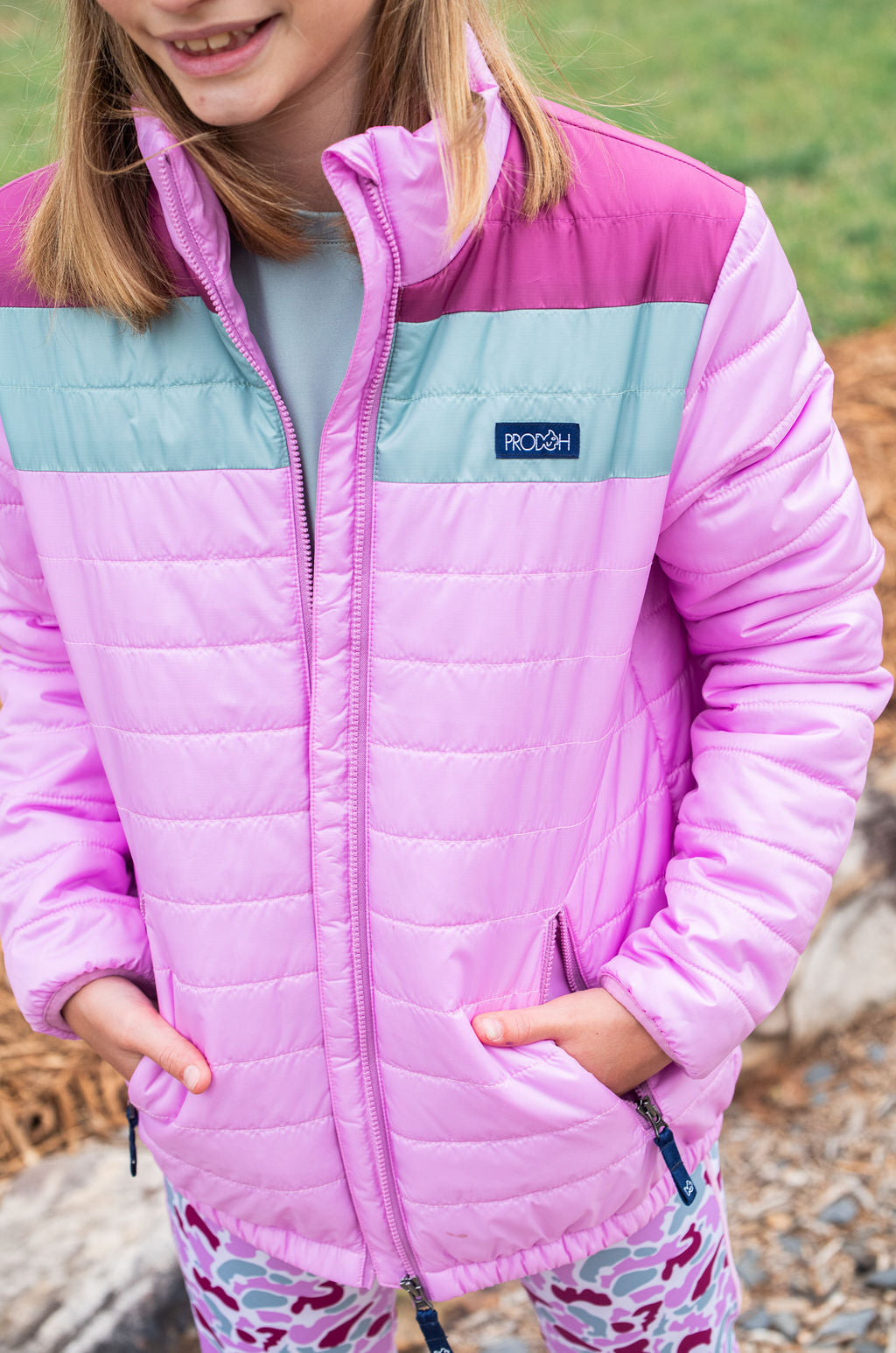 lightweight insulated girls jacket in pink and purple for outdoor play