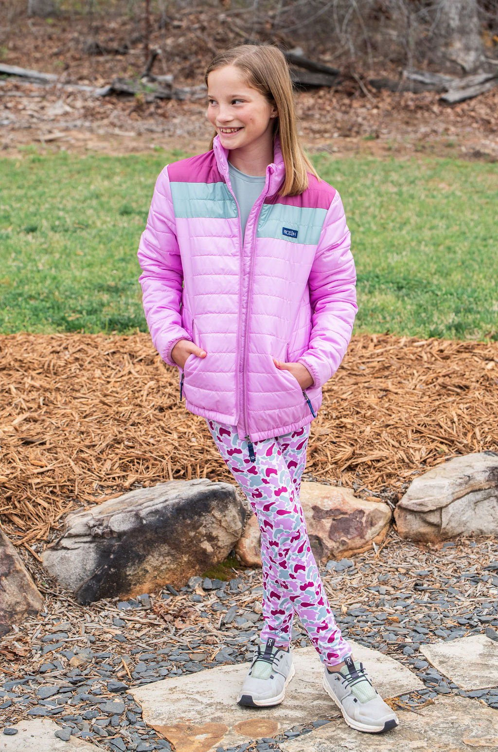 cozy colorblock puffer coat for girls in sizes 12m to L12/14