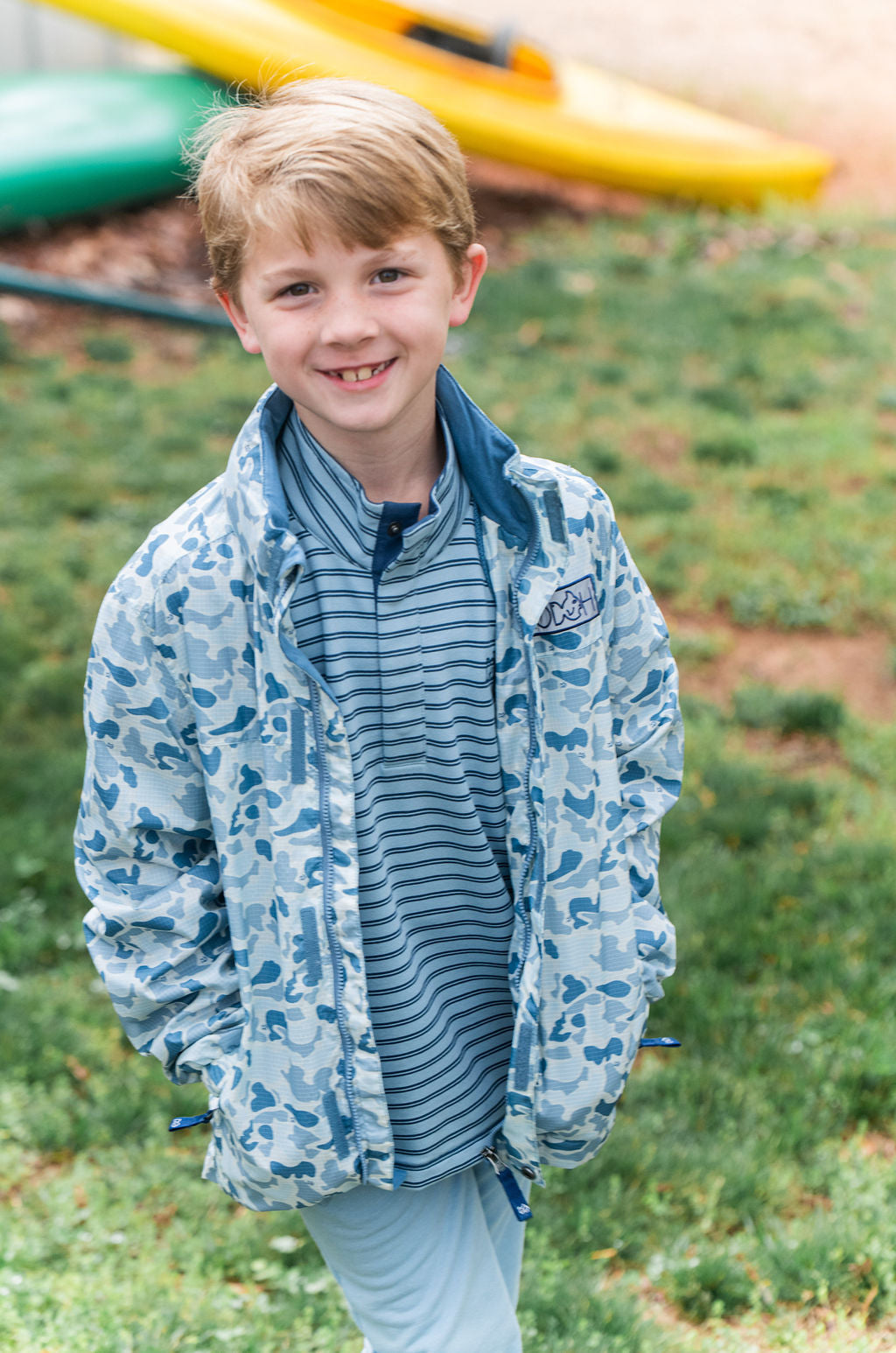 Blue camo rain jacket for boys ages toddler to youth size L12/14