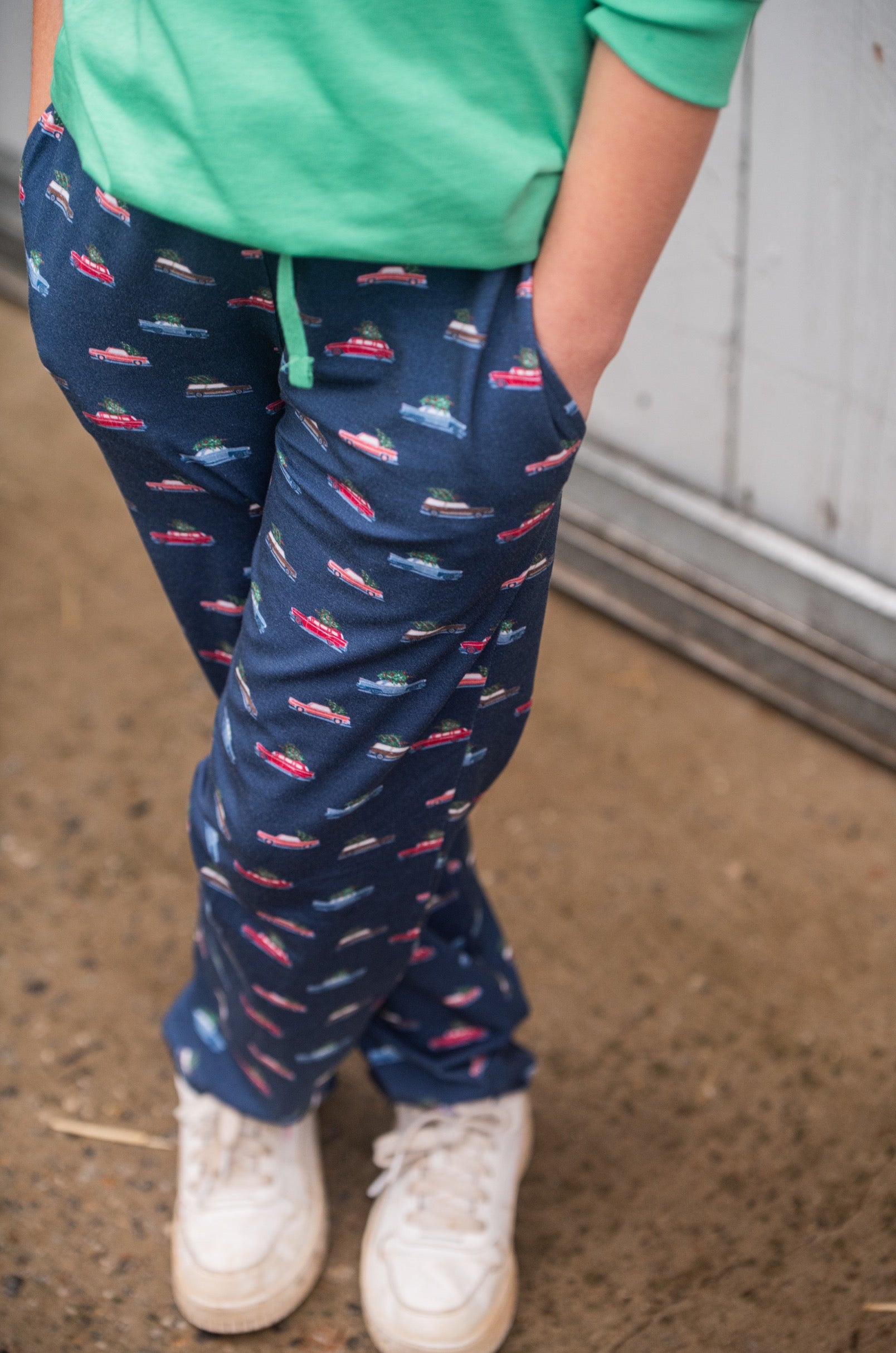 kids dark blue lounge life pant with christmas car and tree print