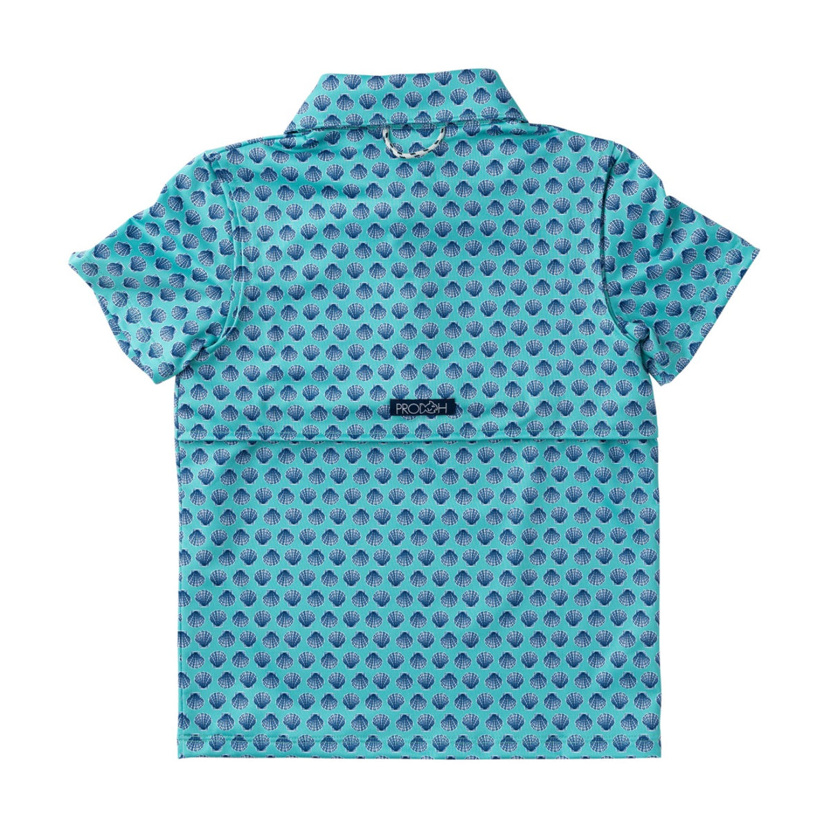 Blue patterned polo shirt with seashell pattern