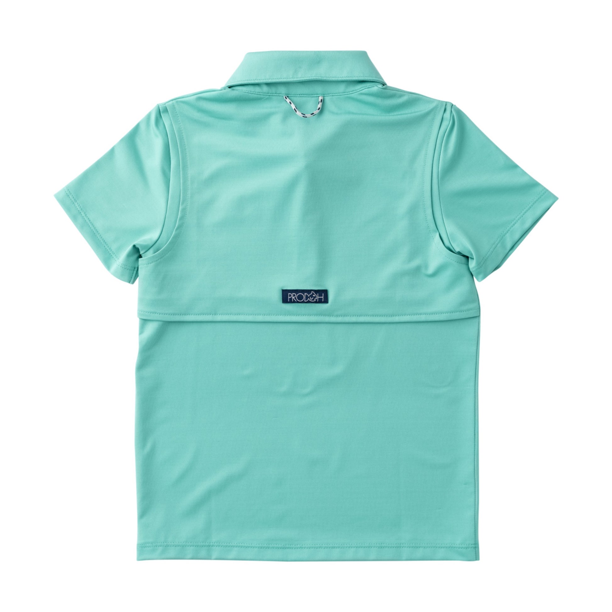 boys light green polo shirt with a brand prodoh small logo on the back
