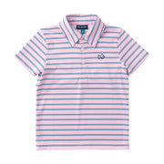 pastel pink and blue striped boys polo shirt on a white background