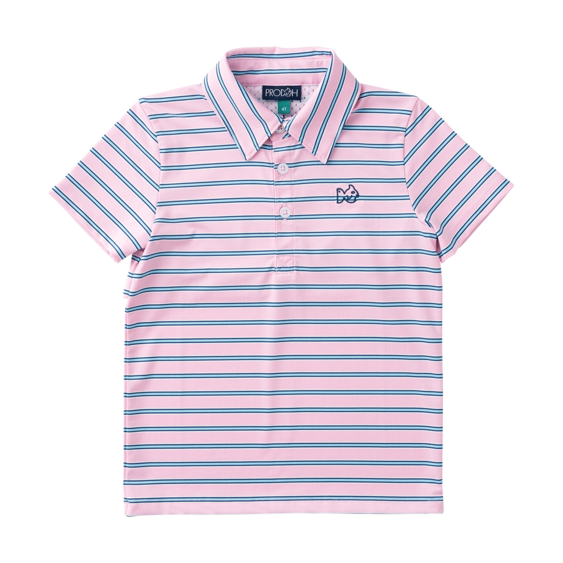 pastel pink and blue striped boys polo shirt on a white background