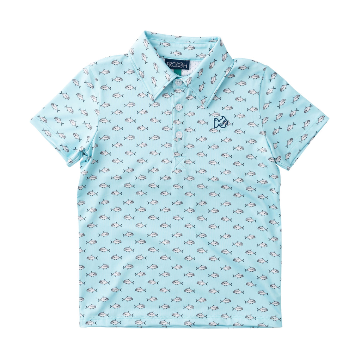 Boys' Short Sleeve blue Pro Performance Polo with Pompano Fish Print design