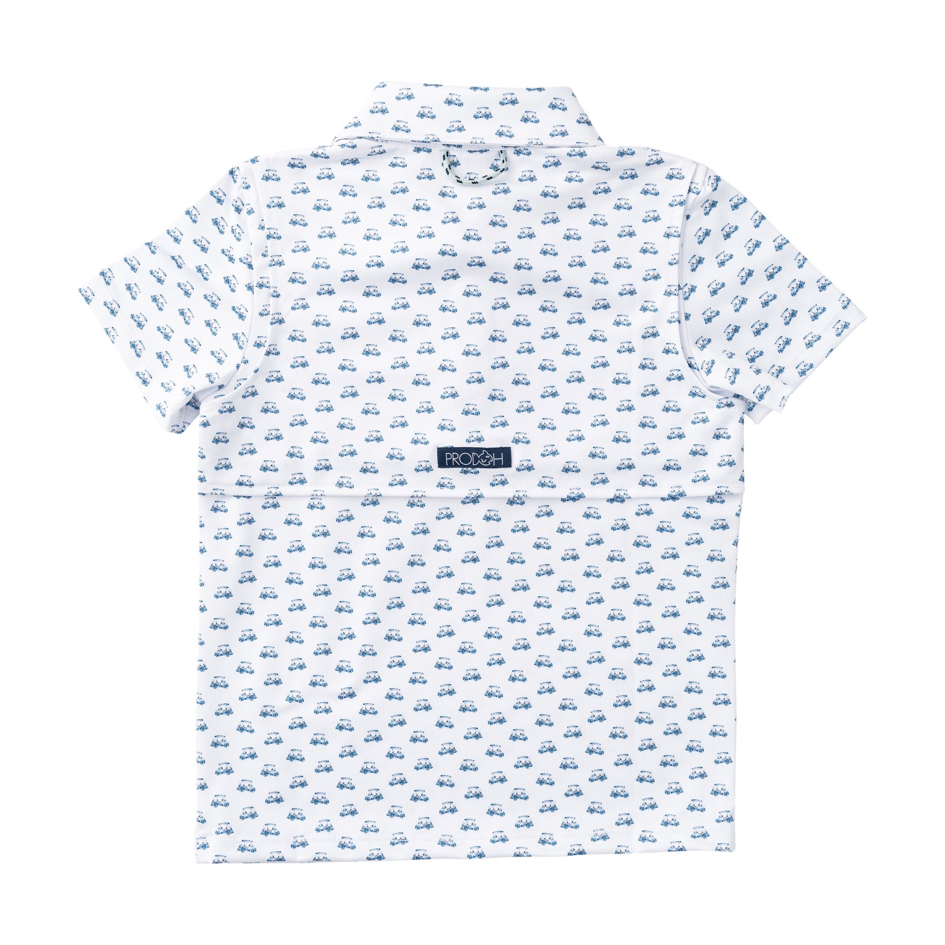 White polo shirt with blue golf cart pattern on a white background