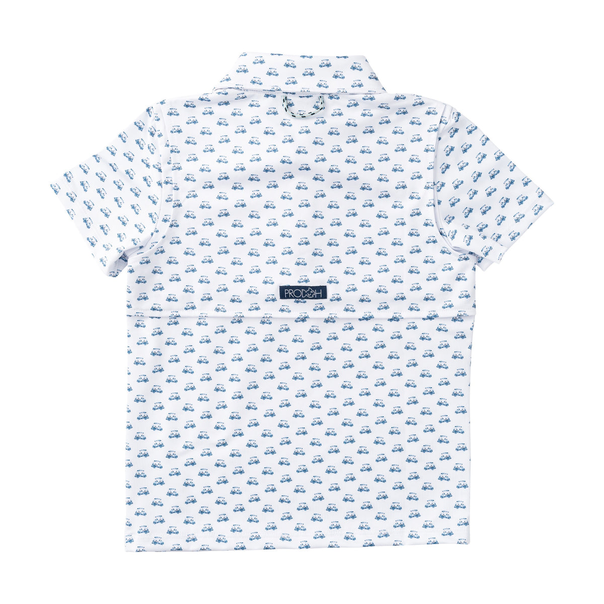 White polo shirt with blue golf cart pattern on a white background