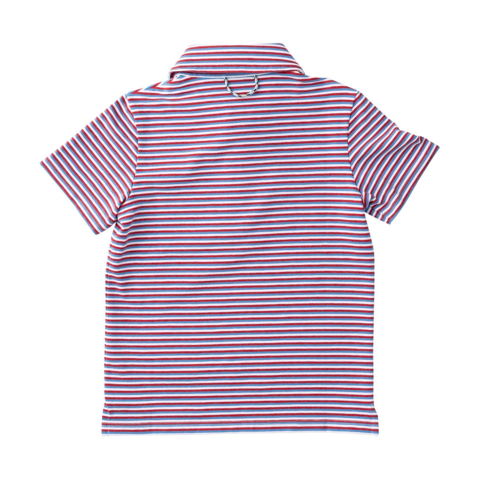 Back view of a red and white striped polo shirt on a white background