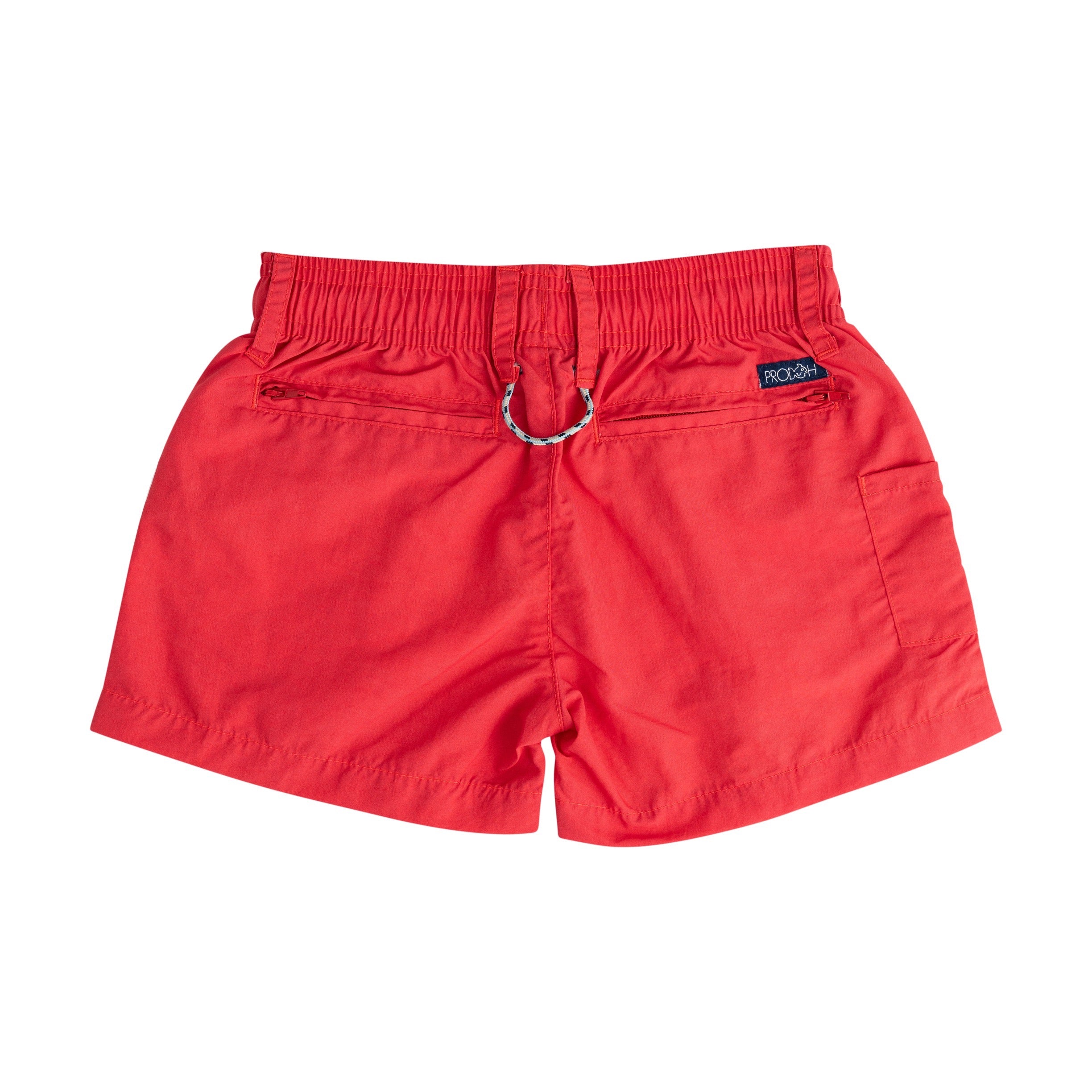 boys Red performance shorts with a fish logo