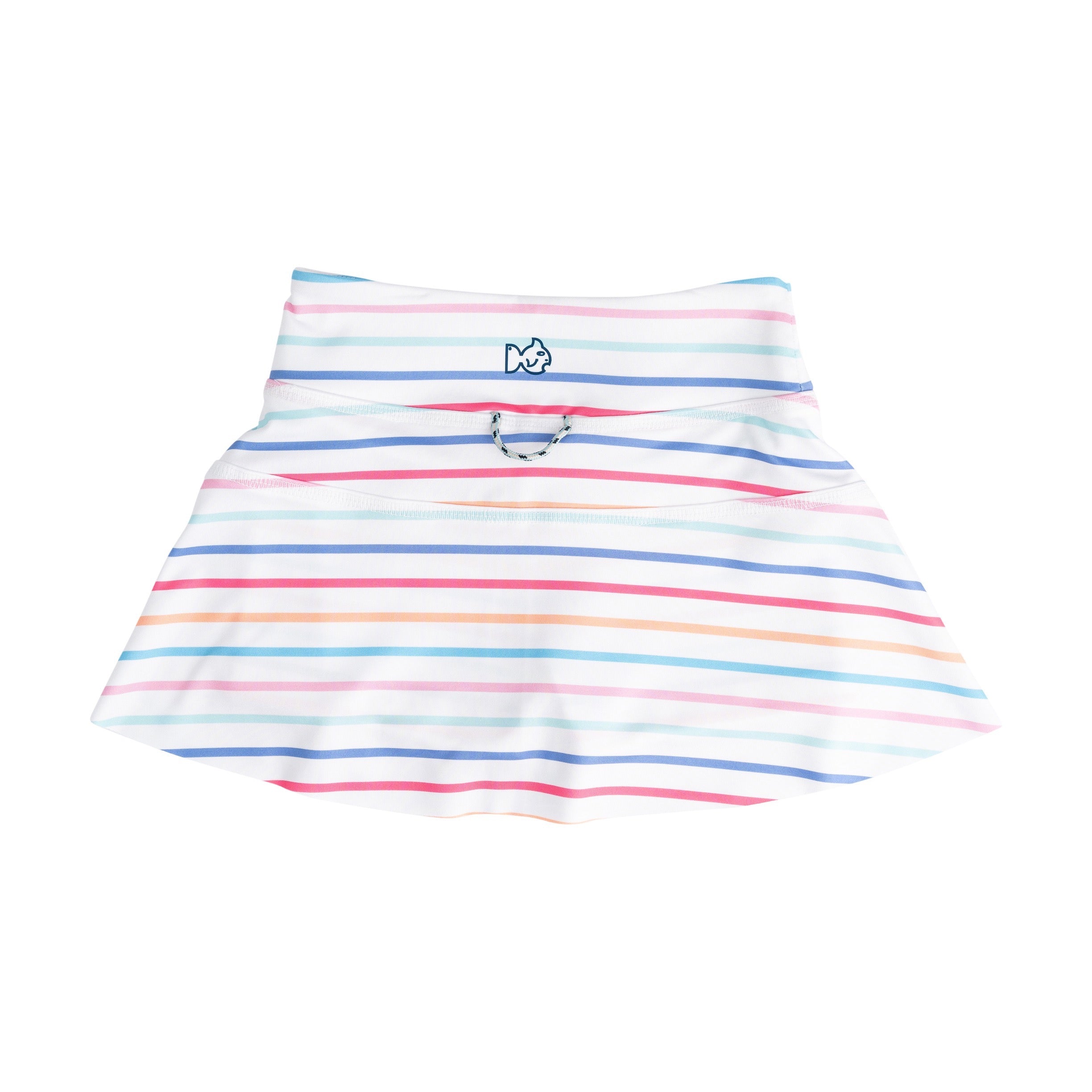 Multicolored striped skirt with a brand logo on a white background