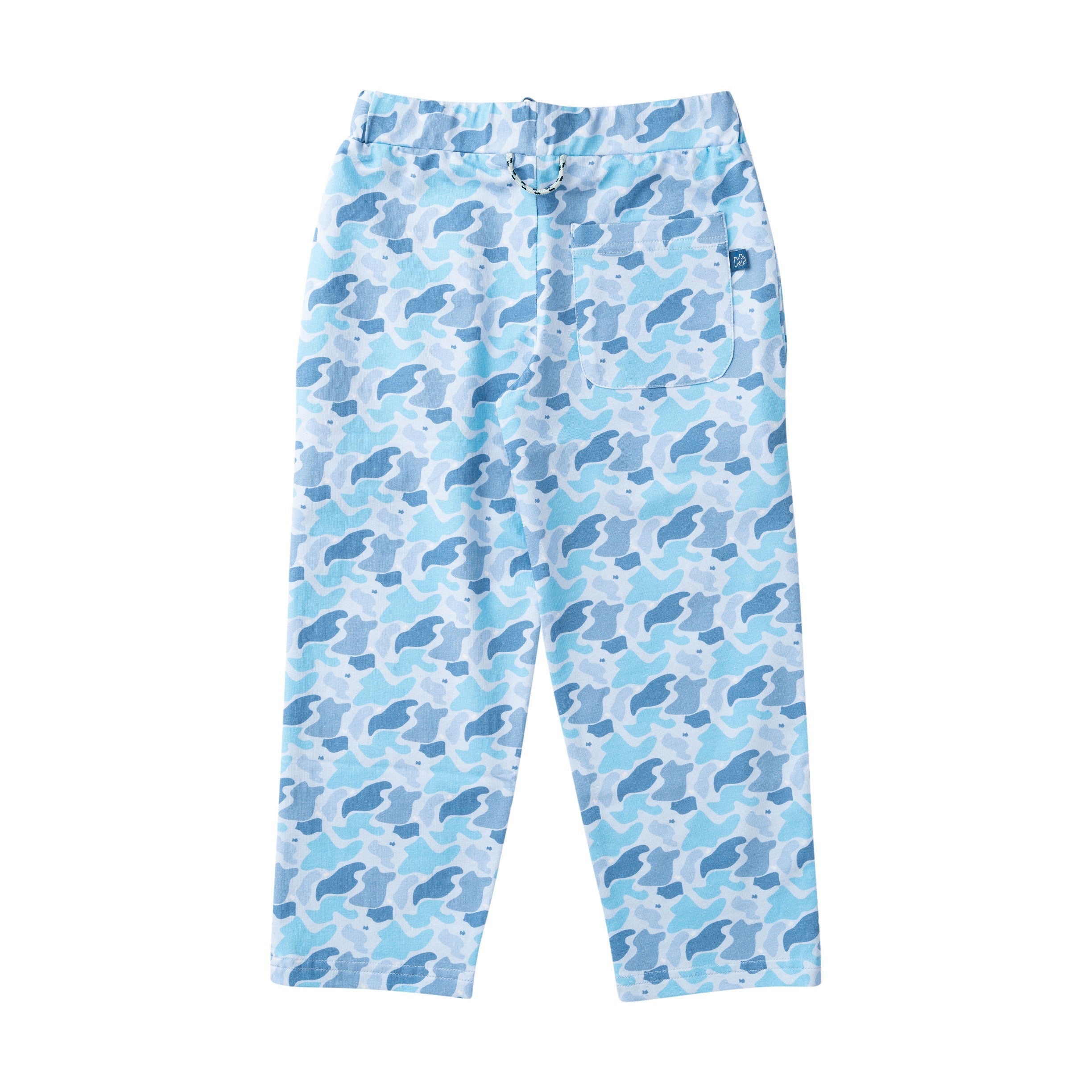 Blue camouflage lounge pants on a white background