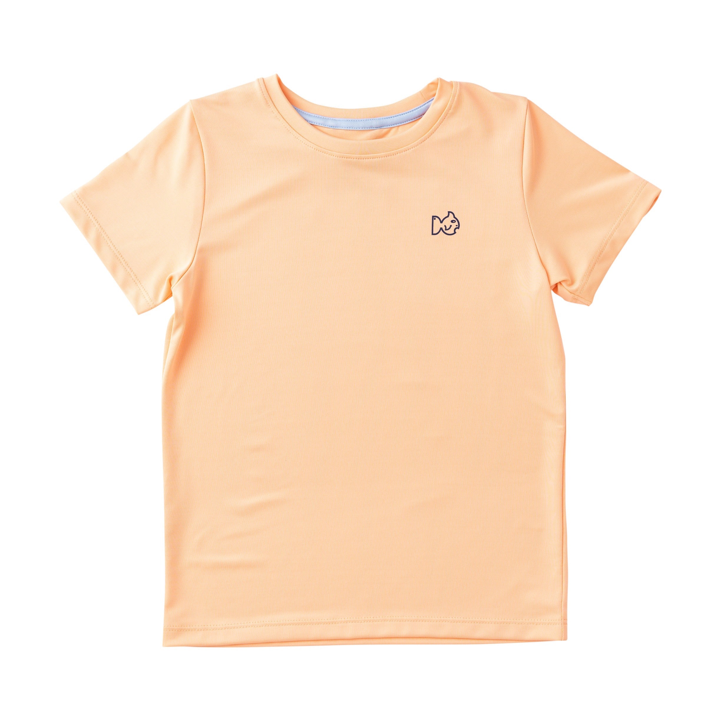 Peach-colored performance t-shirt with a small logo on a white background