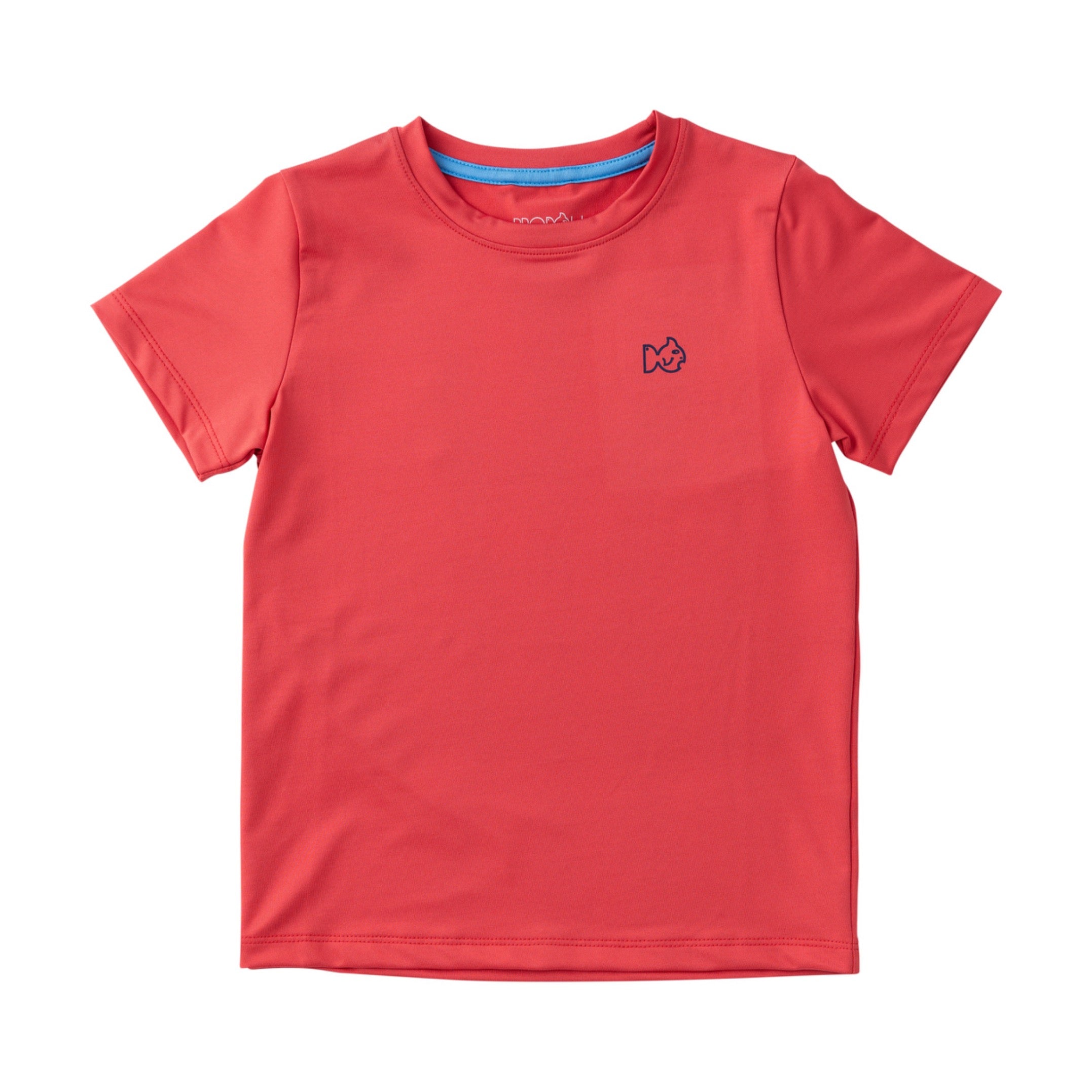 Red t-shirt with a small logo on a white background
