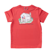 Red t-shirt with a barn graphic and text on a white background