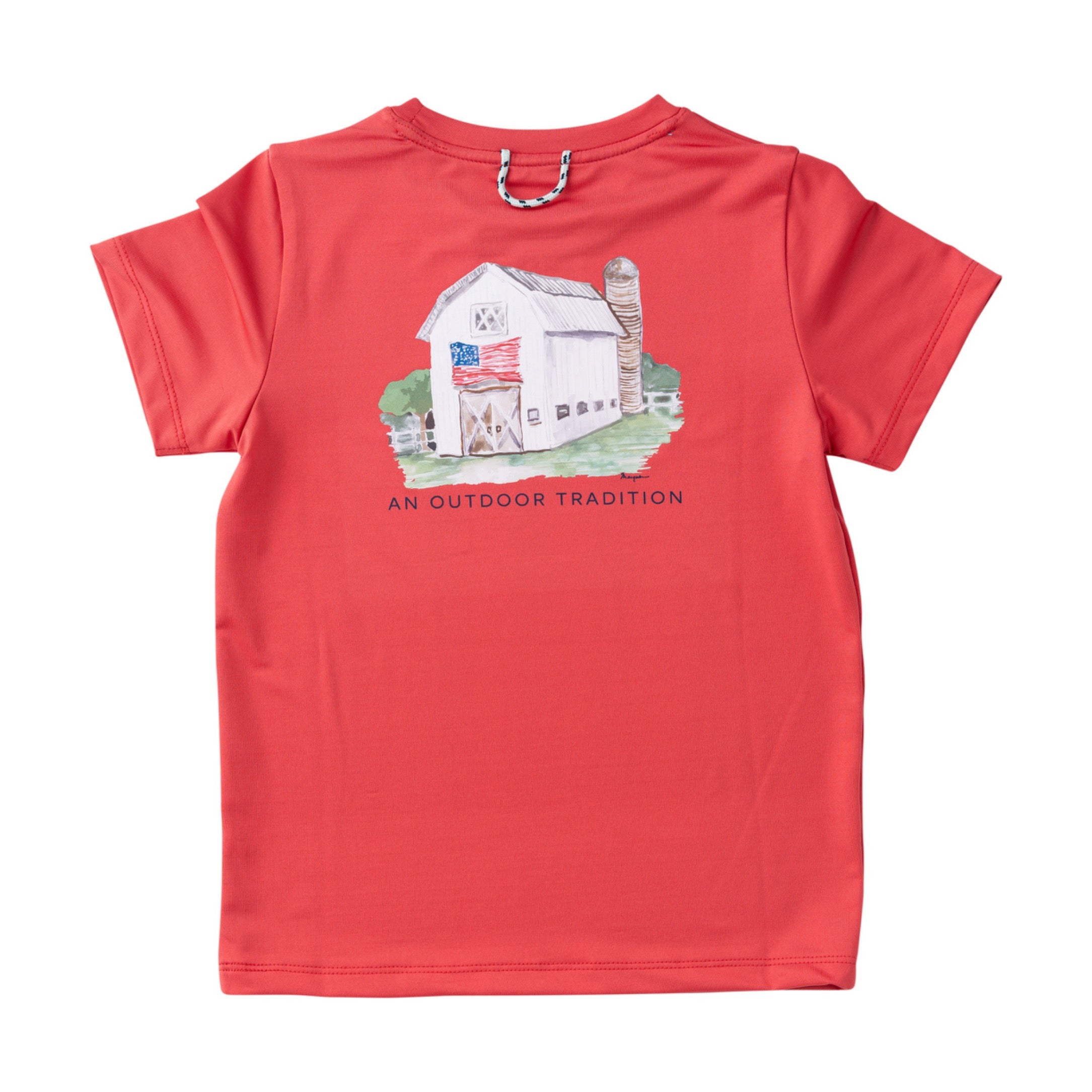 Red t-shirt with a barn graphic and text on a white background