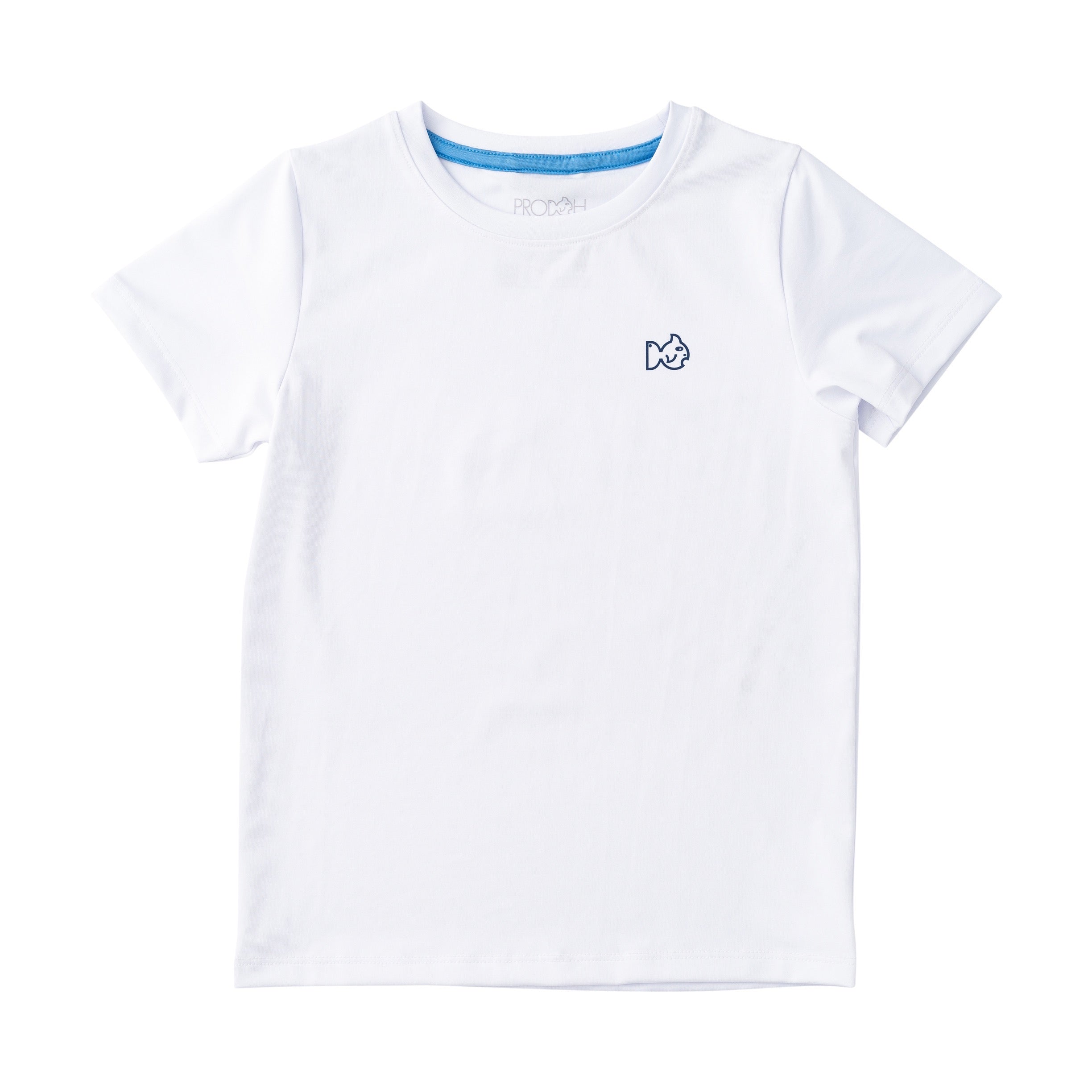 White performance t-shirt with a small prodoh fish logo on a white background
