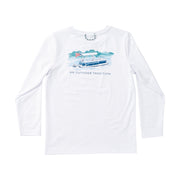 White long-sleeve shirt with a boat graphic and text on a white background