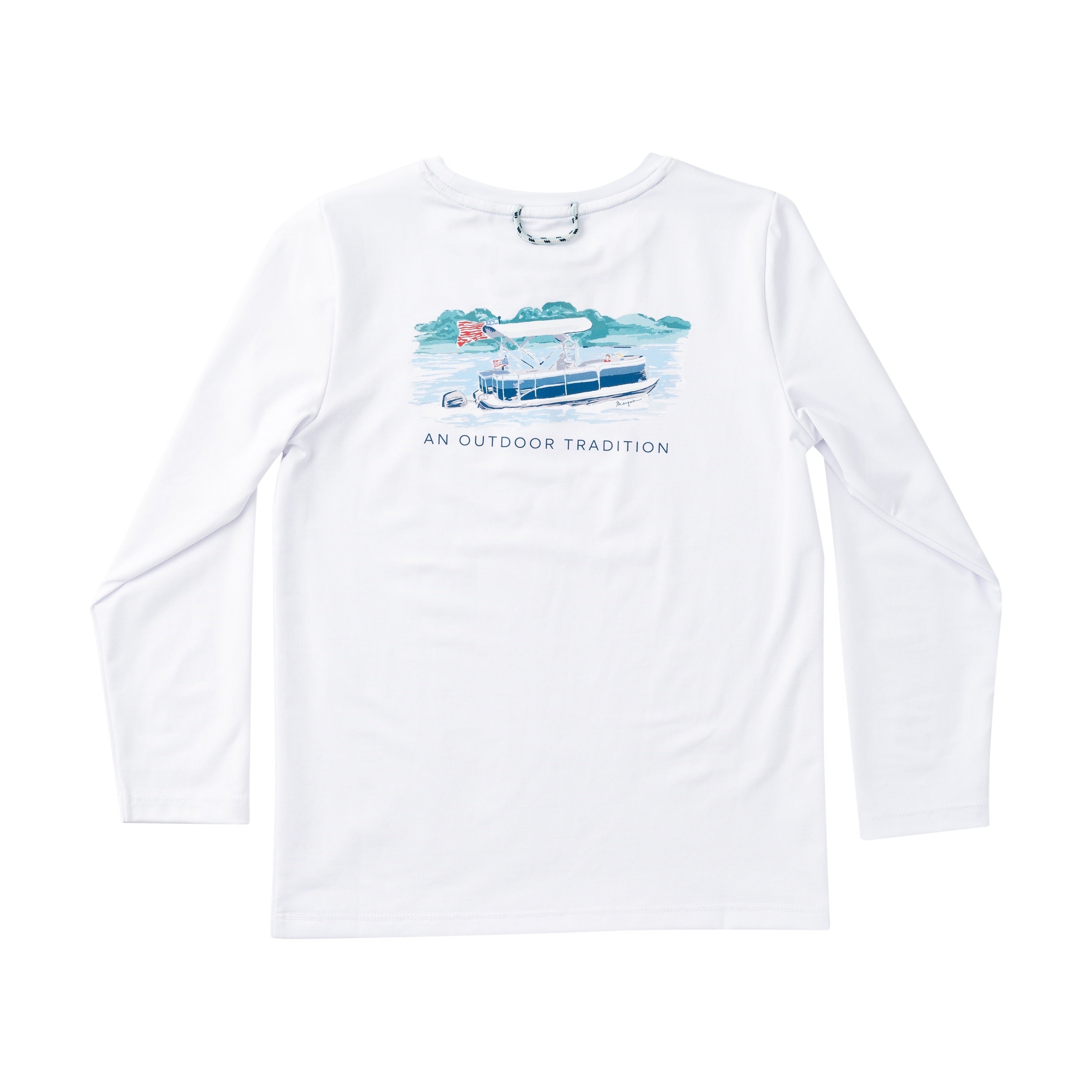 White long-sleeve shirt with a boat graphic and text on a white background