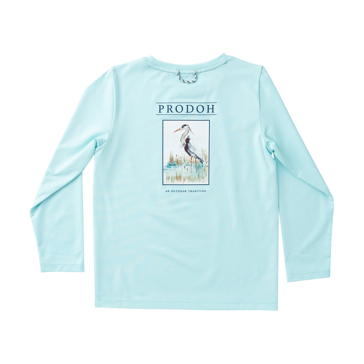 Light blue long-sleeve shirt with a blue heron graphic and 'PRODOH' branding on a white background